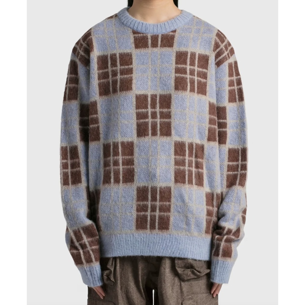 Awake NY $300 Mohair Blend Plaid Sweater Medium Blue Brown Crewneck